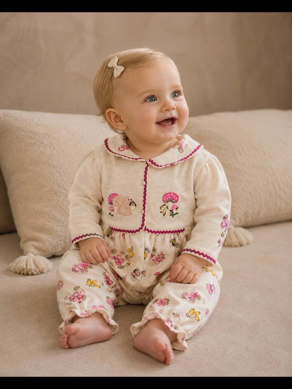 Vintage ICZ Baby Girls Cottagecore Mushroom Floral Romper 6-9M 90s